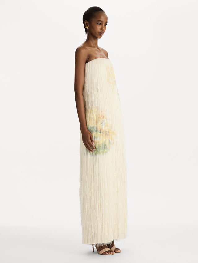 Chiné Dominican Mixed-Floral Beaded Fringe Dress in ivory. side view.