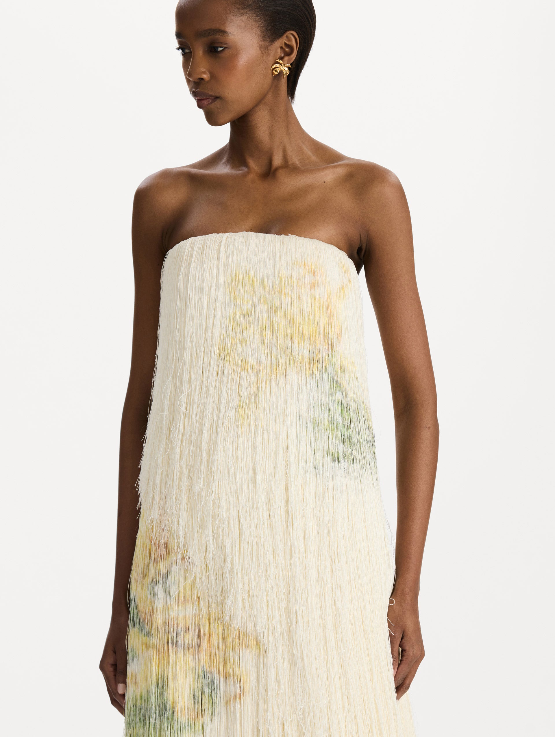 Chiné Dominican Mixed-Floral Beaded Fringe Dress in ivory. zoom view.