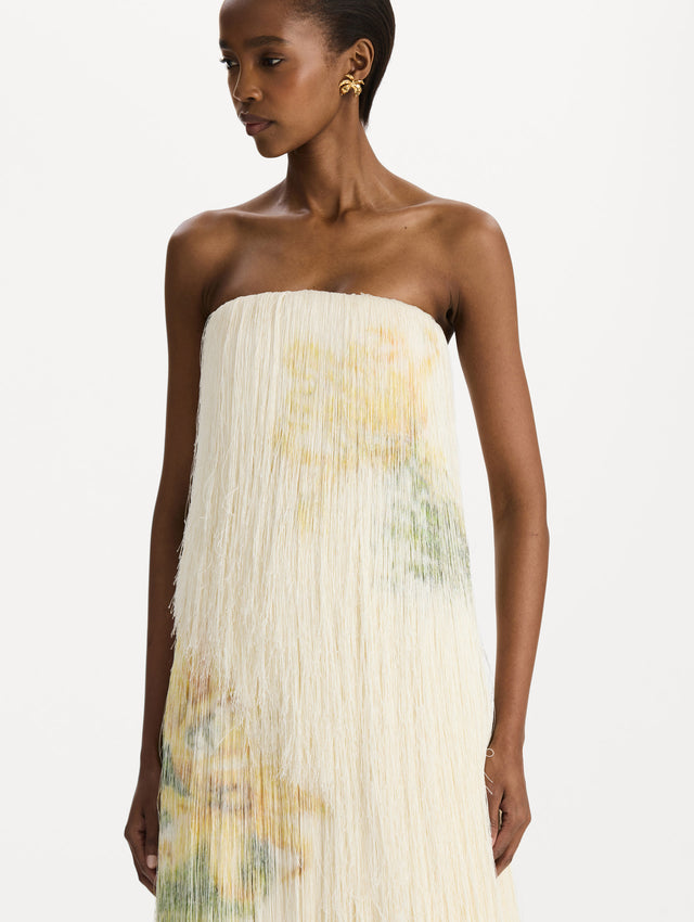 Chiné Dominican Mixed-Floral Beaded Fringe Dress in ivory. zoom view.