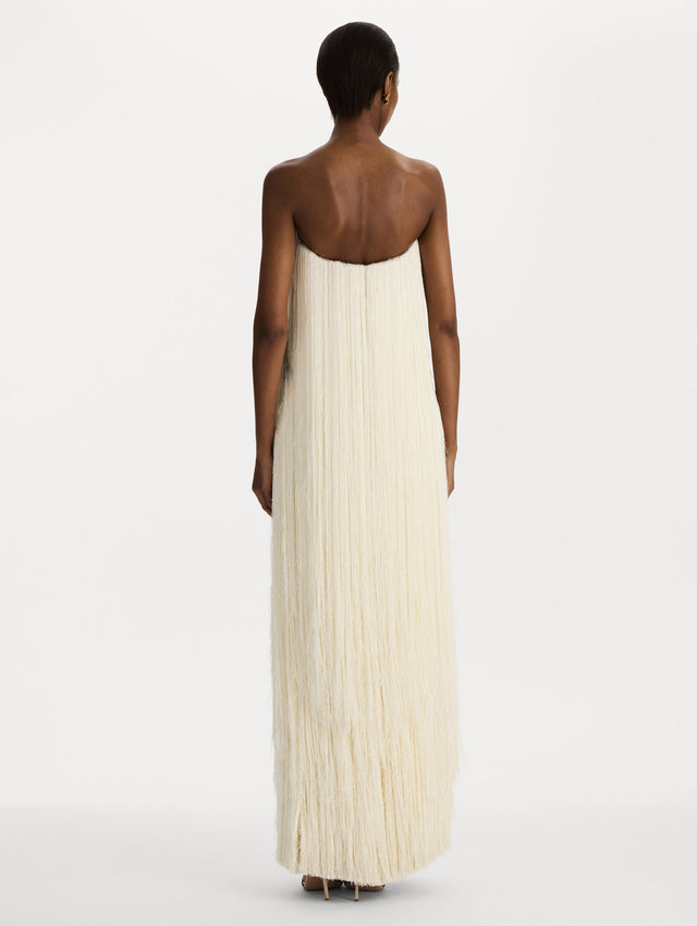 Chiné Dominican Mixed-Floral Beaded Fringe Dress in ivory. back view.