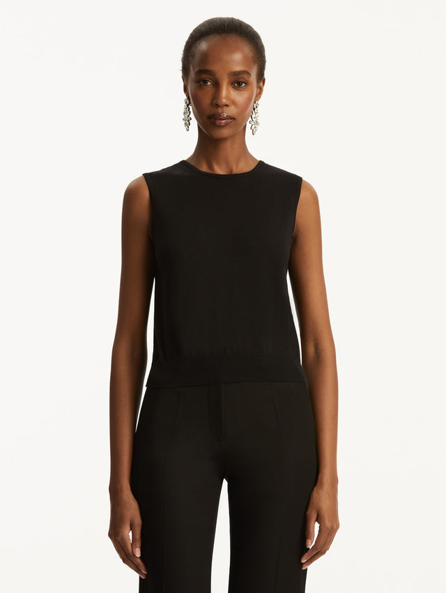 Wool-Blend Black Tank Styled with Black Pants Front View