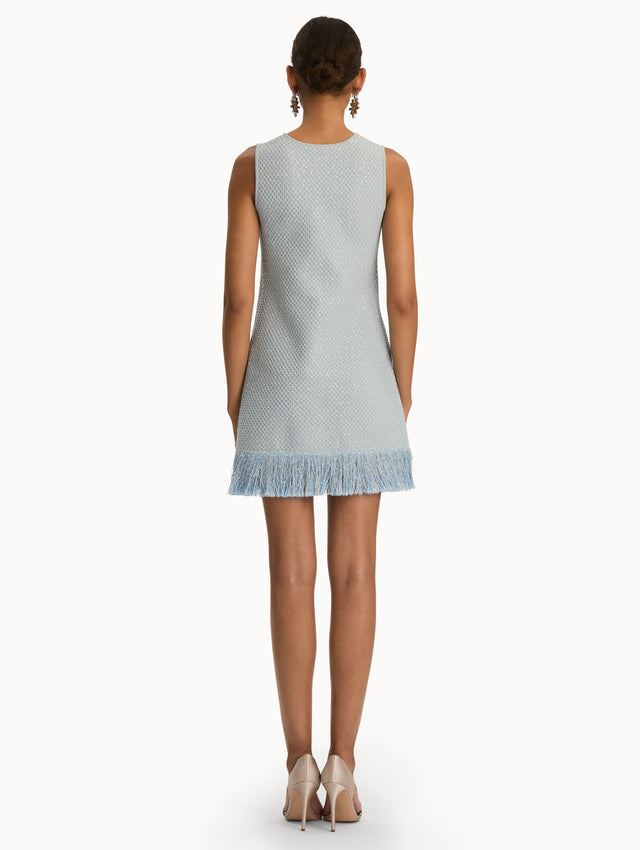 Blue quartz sequin tweed dress with fringe trim. Back view.