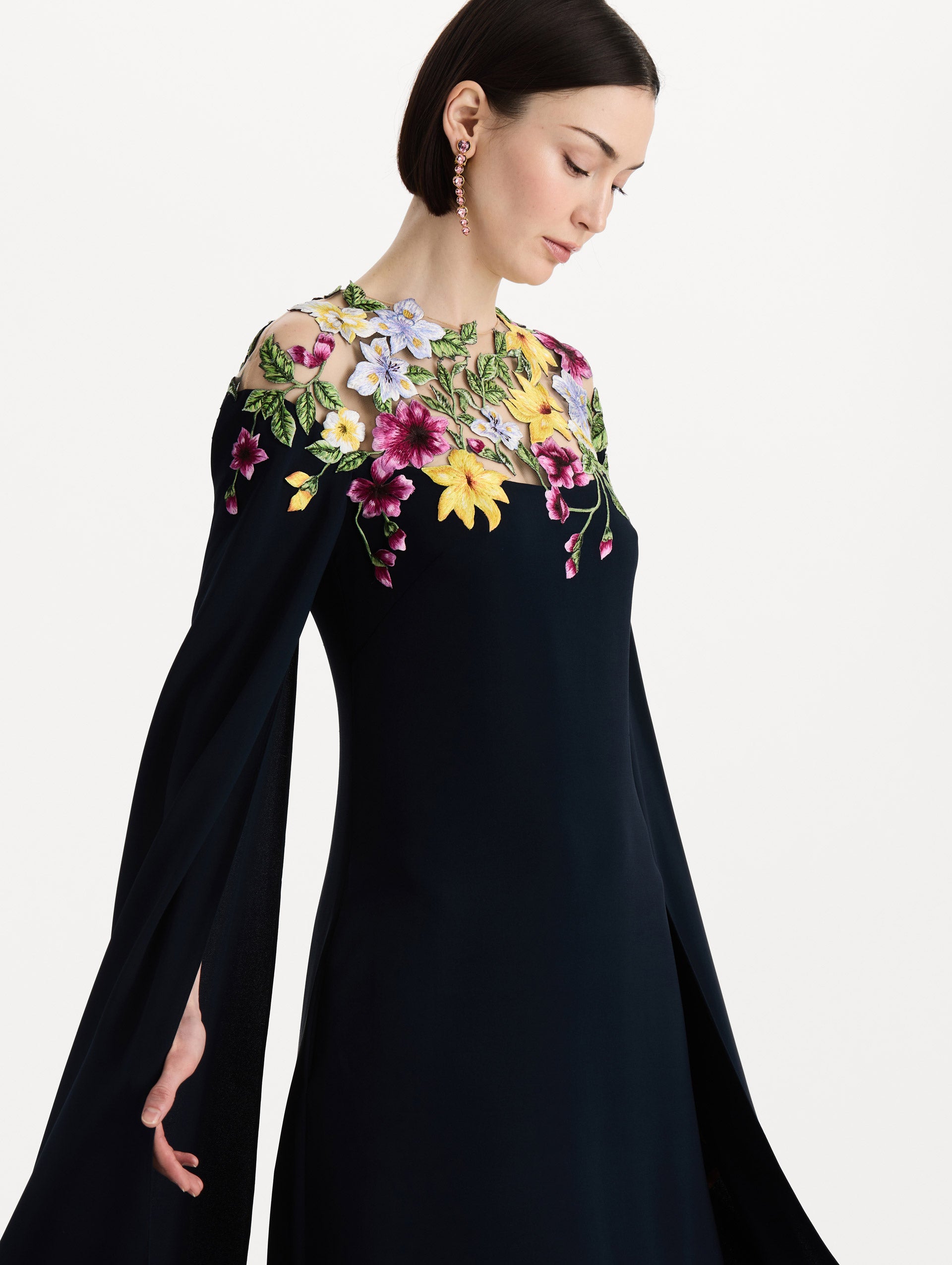 Dominican Mixed-Floral Caftan in navy. zoom view.