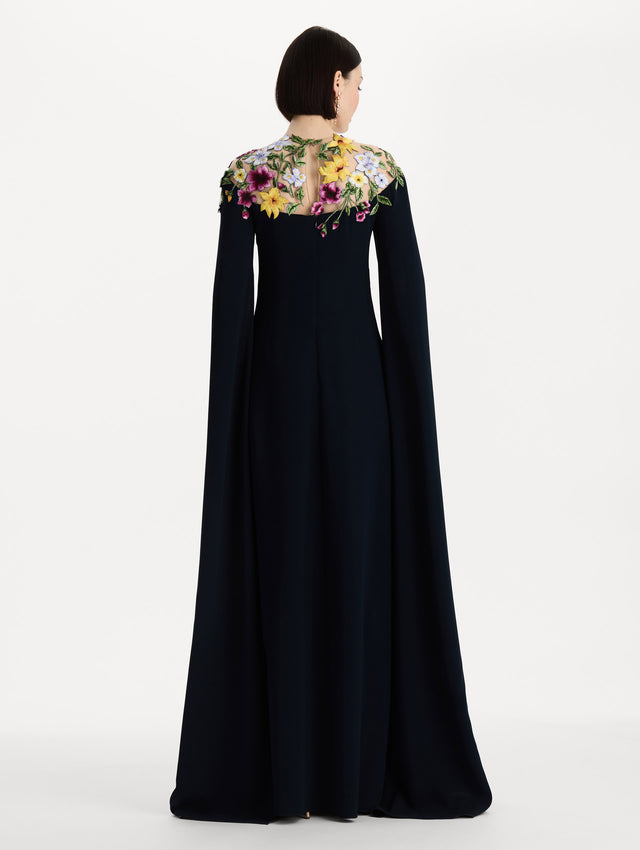 Dominican Mixed-Floral Caftan in navy. back view.