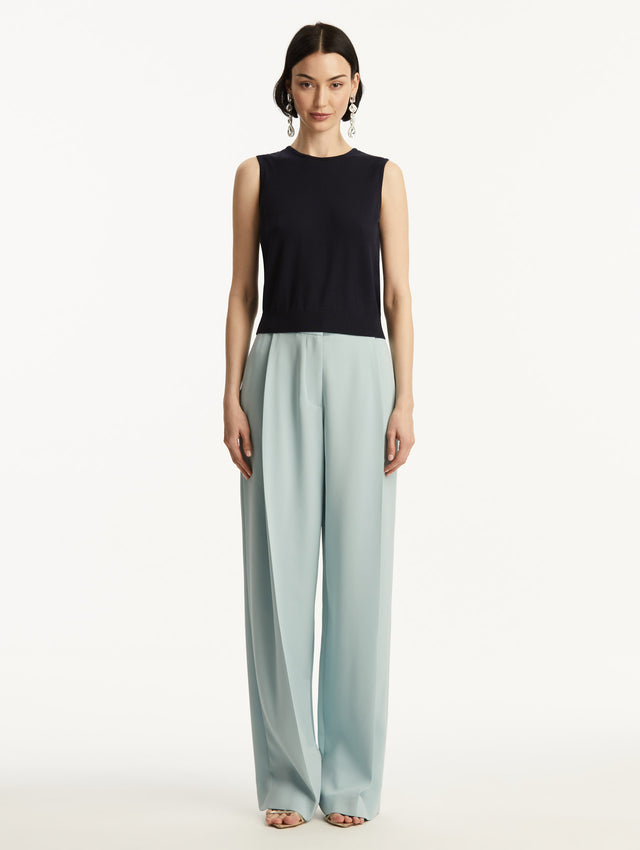 Navy Wool-Blend Tank, Styled with Baby Blue Pants, Front View.