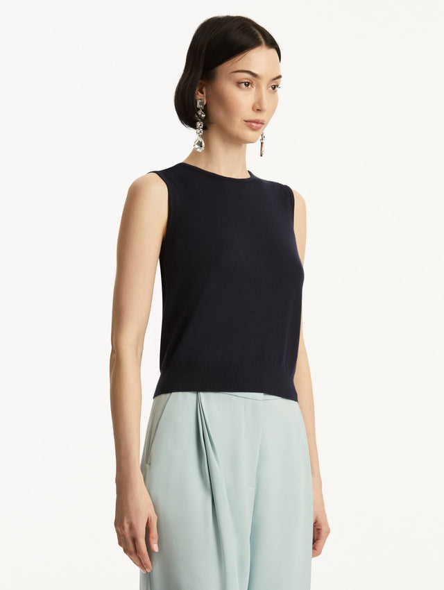 Navy Wool-Blend Tank, Styled with Baby Blue Pants, Side View.