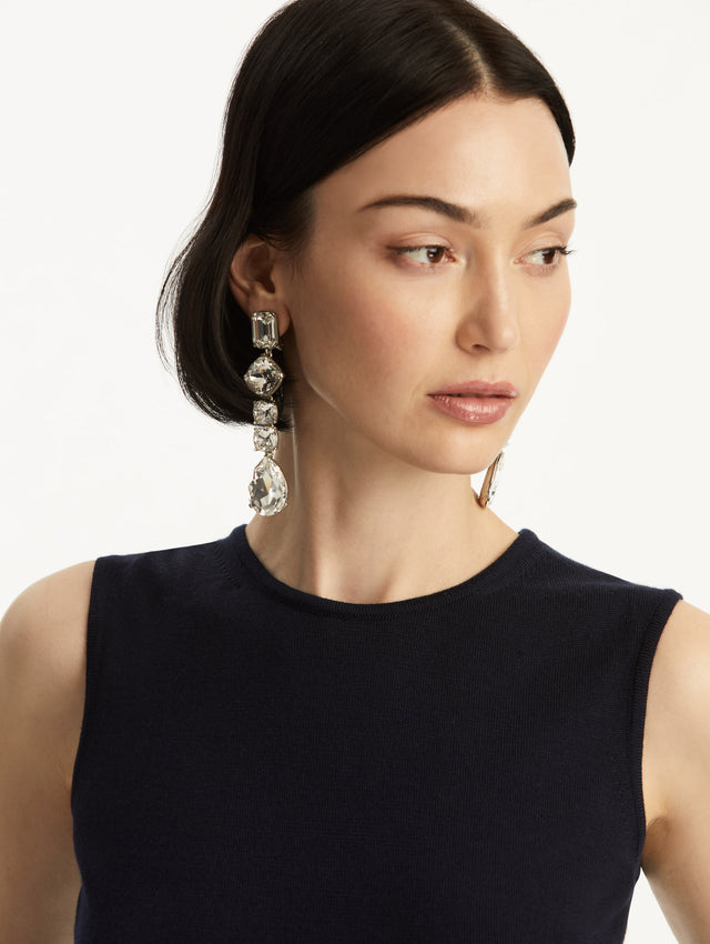 Navy Wool-Blend Tank Styled with Four-Tier Drop Crystal Earrings, Zoom View