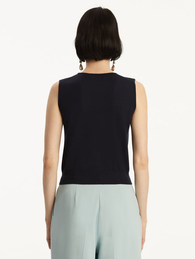 Navy Wool-Blend Tank, Styled with Baby Blue Pants, Back View.