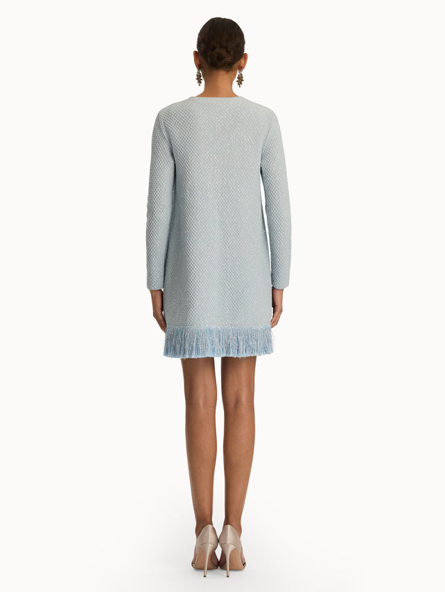 Blue quartz sequin tweed jacket with fringe trim. Back view.