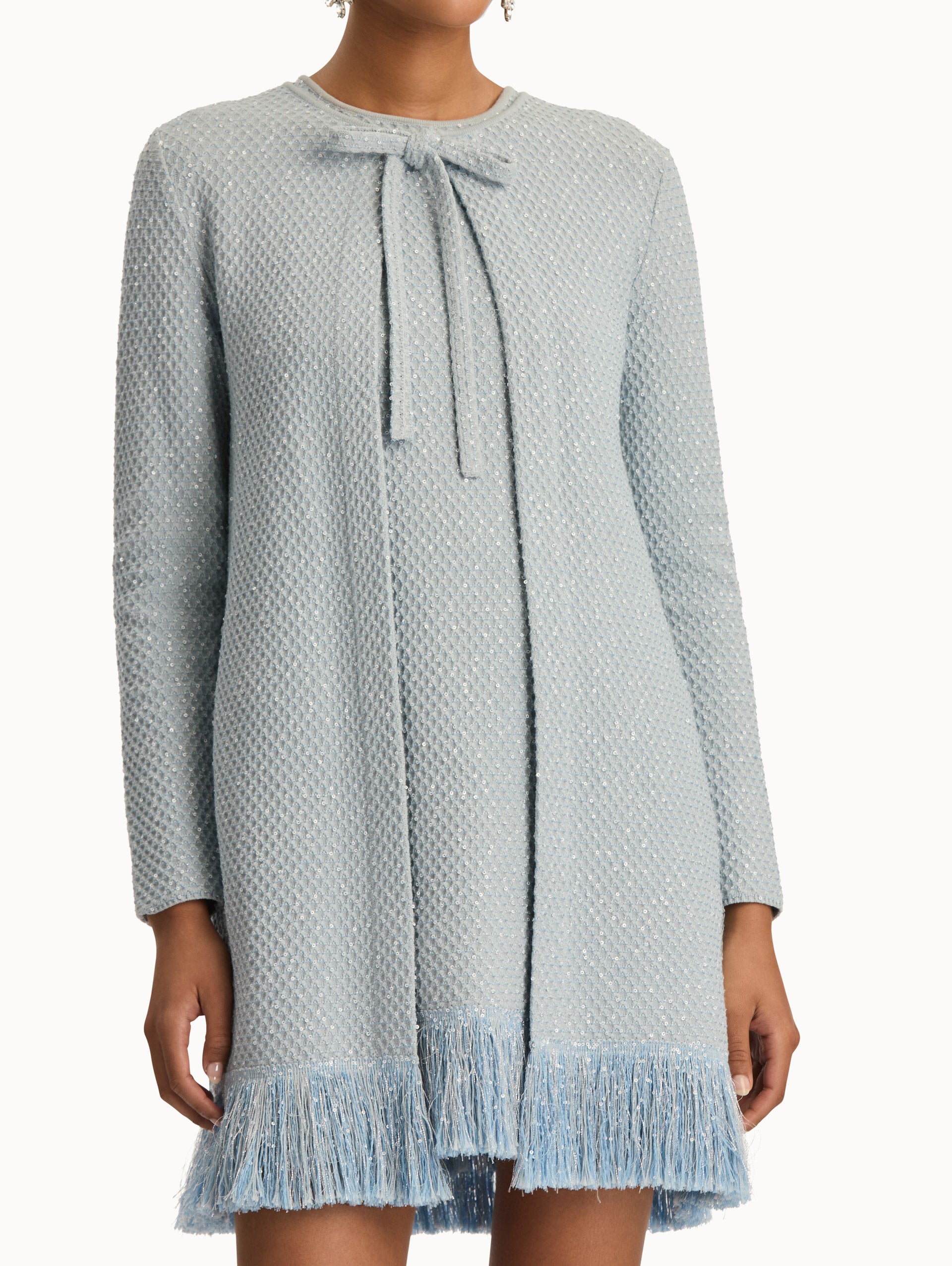 Blue quartz sequin tweed jacket with fringe trim. Zoom view.