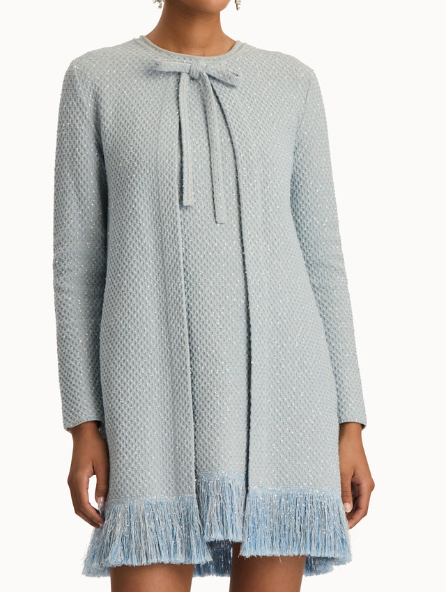 Blue quartz sequin tweed jacket with fringe trim. Zoom view.