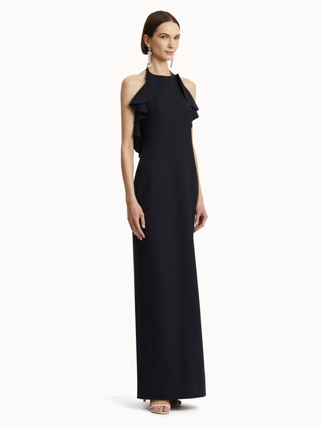 Ruffle-Detailed Column Gown in navy side view