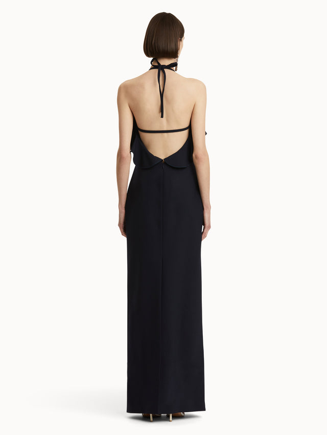Ruffle-Detailed Column Gown in navy back view