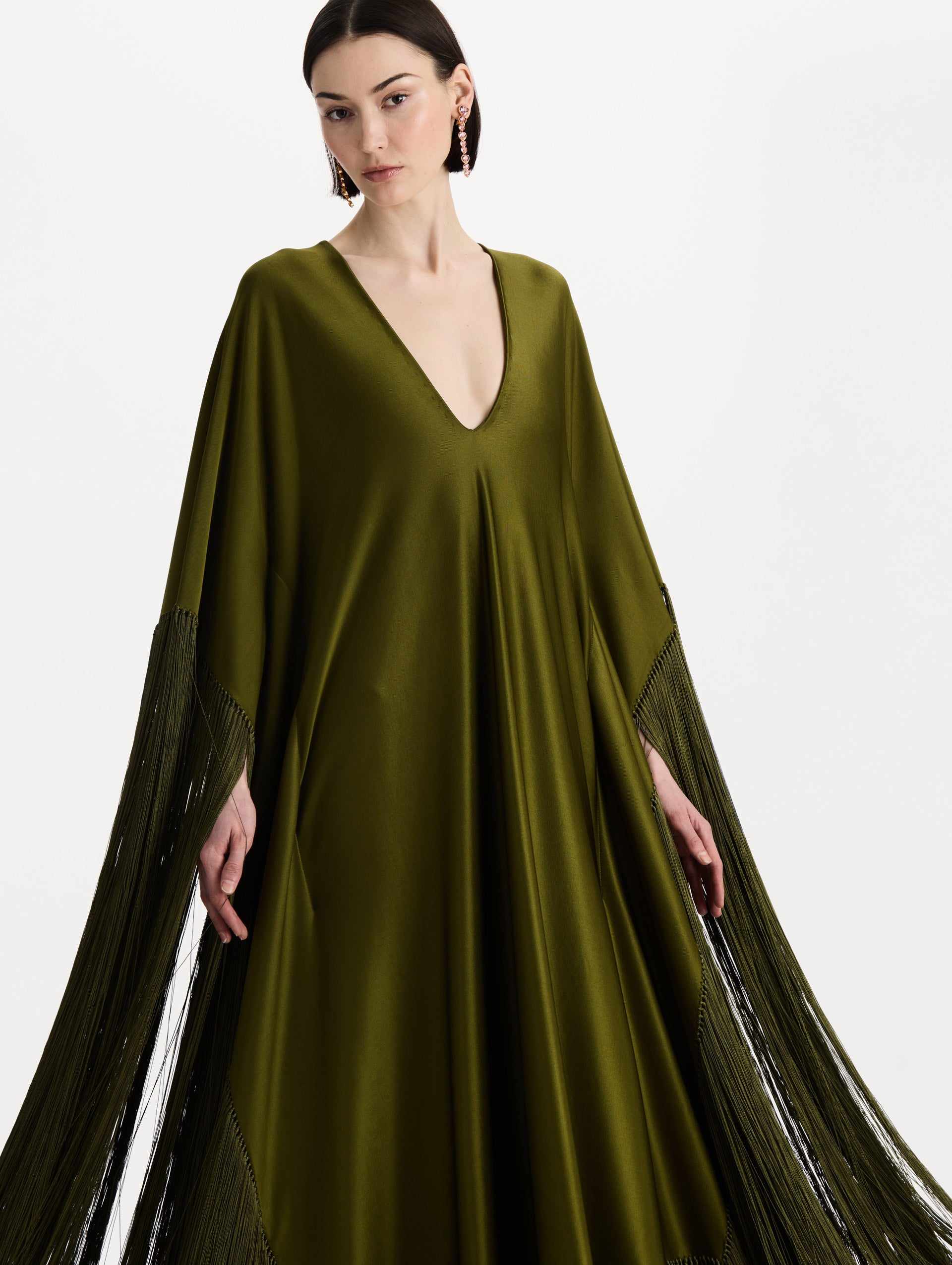 Fringe Jersey Caftan in Rich Olive. Zoom view.