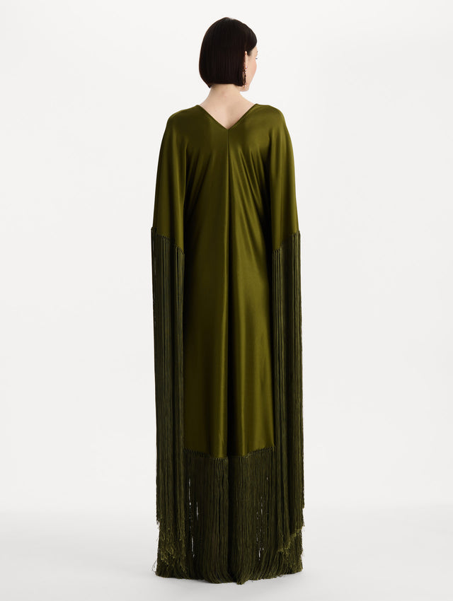Fringe Jersey Caftan in Rich Olive. Back view.