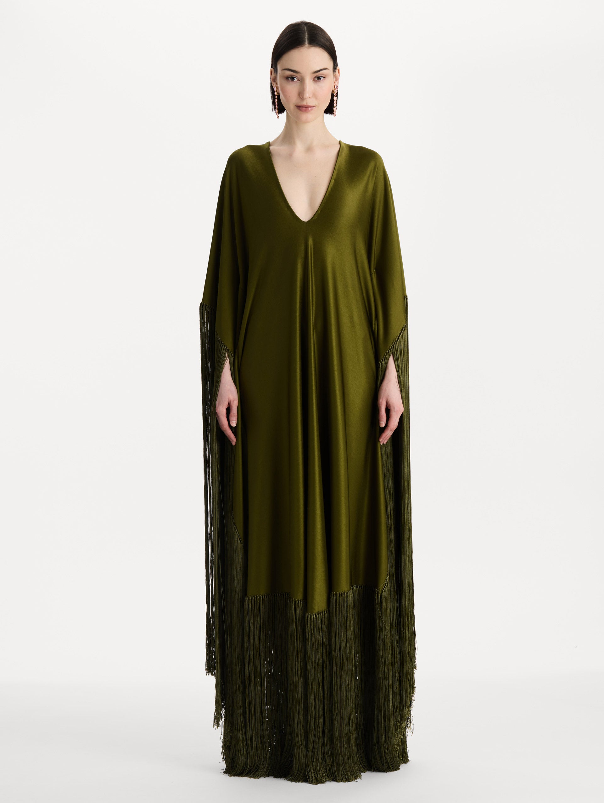 Fringe Jersey Caftan in Rich Olive. Front view.