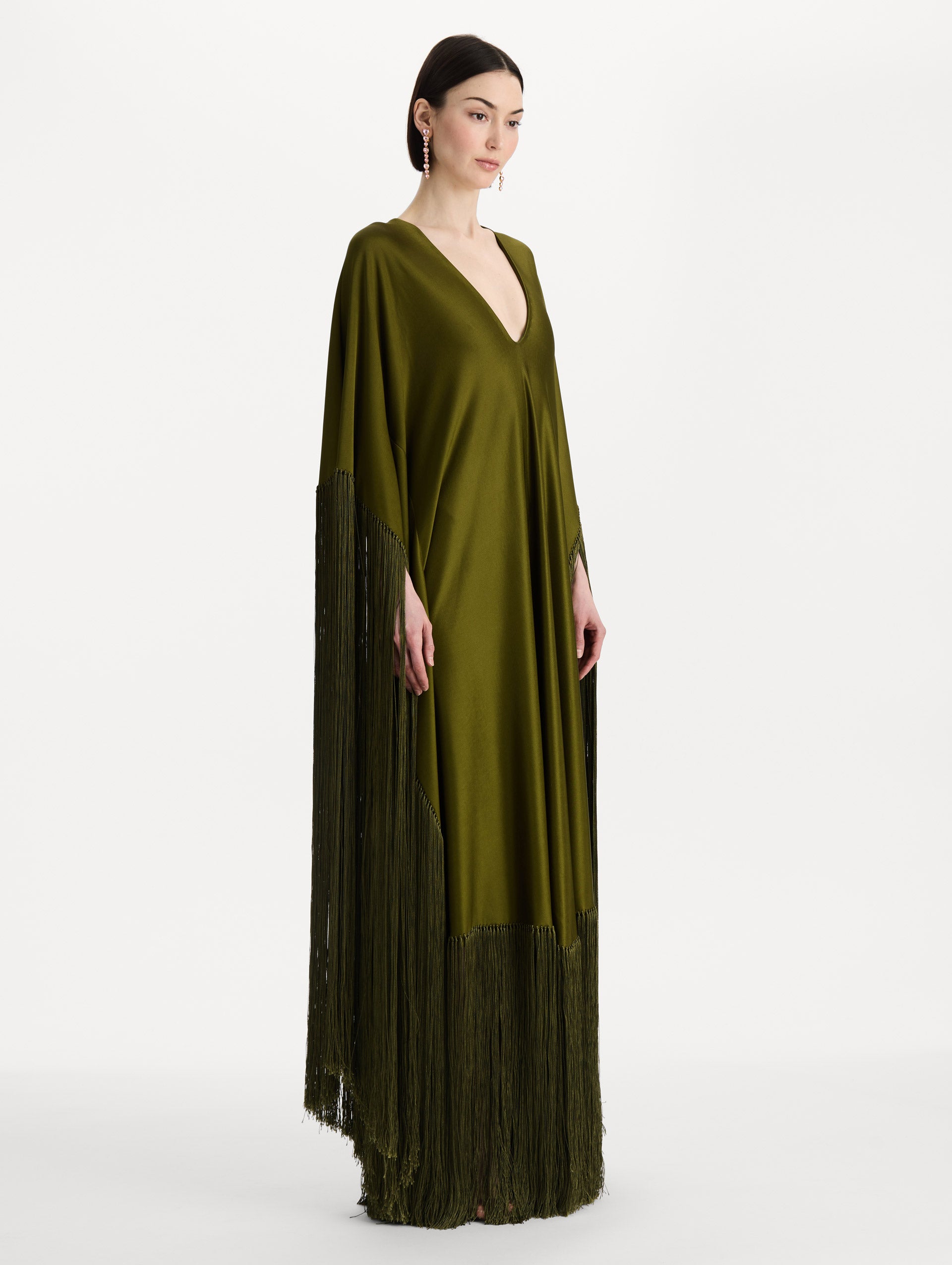 Fringe Jersey Caftan in Rich Olive. Side view.