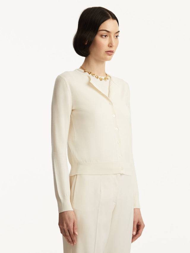 Wool-Blend White Button-Down Cardigan Styled with White Pants Side View