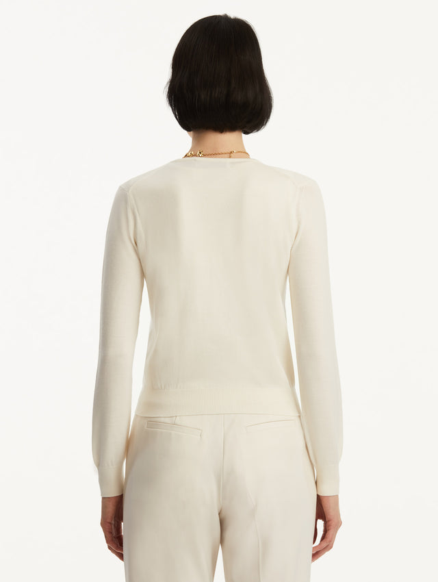 Wool-Blend White Button-Down Cardigan Styled with White Pants Back View