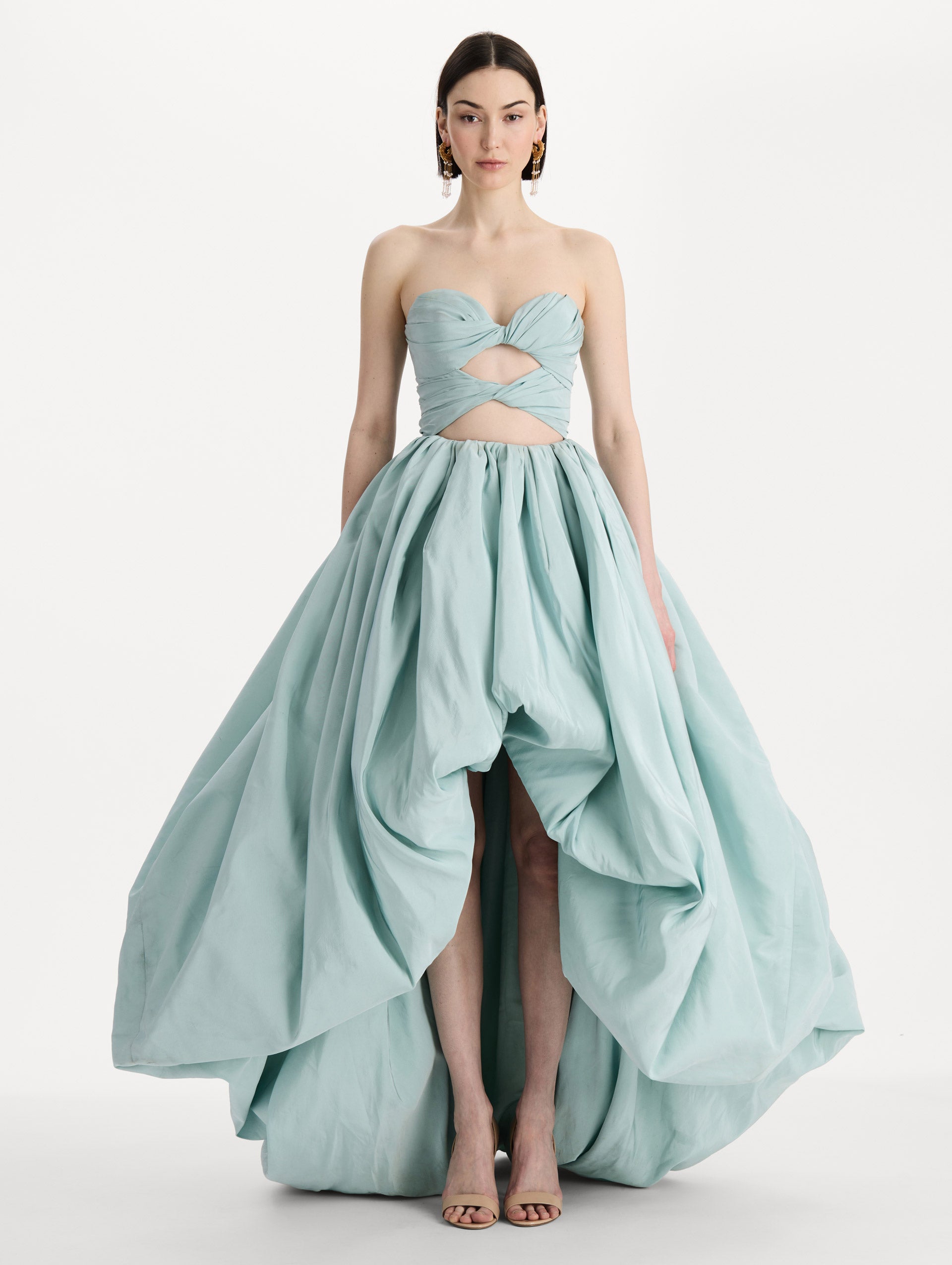 Silk Faille High-Low Gown in Saltwater. Front view.