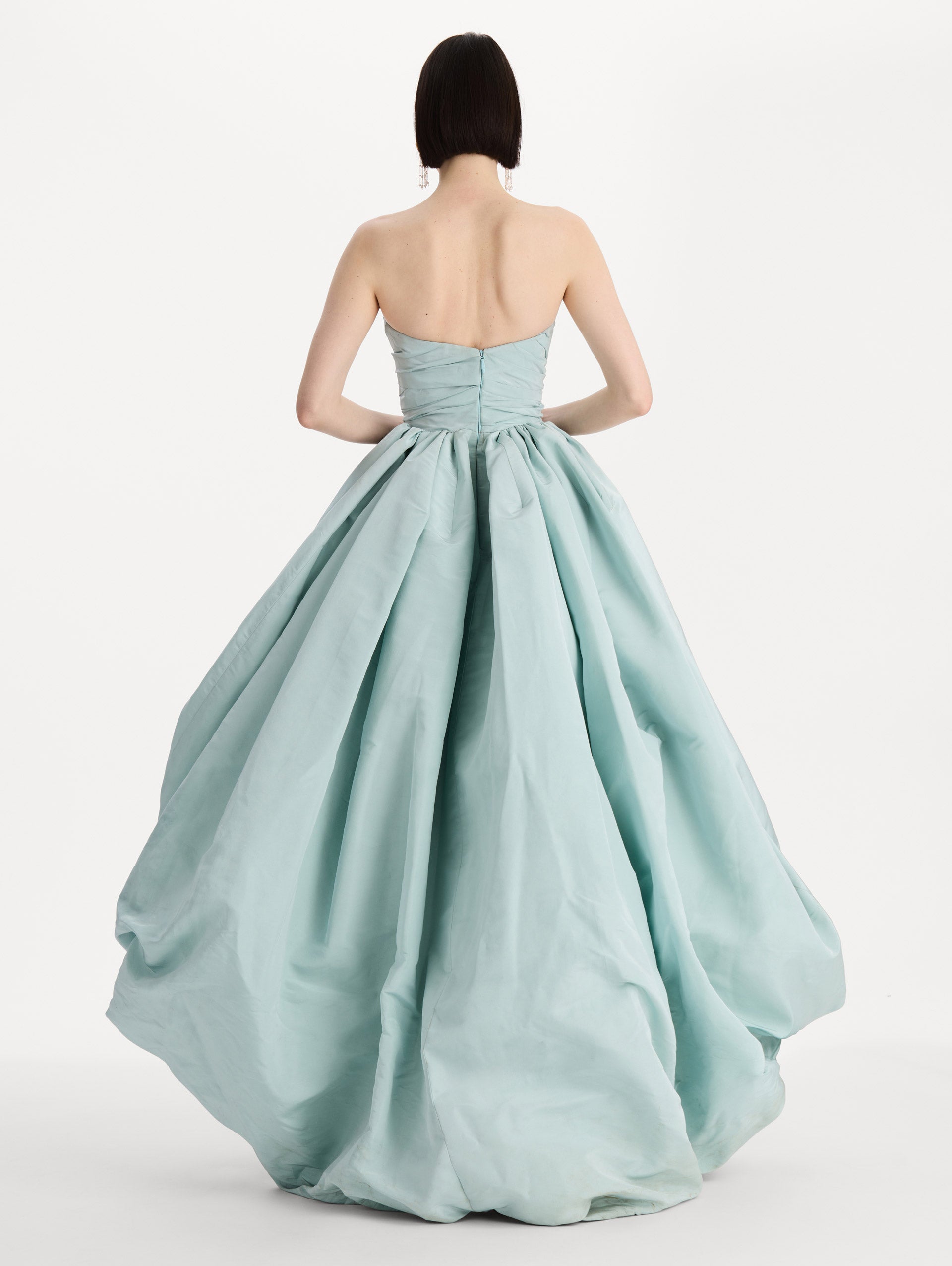Silk Faille High-Low Gown in Saltwater. Back view.