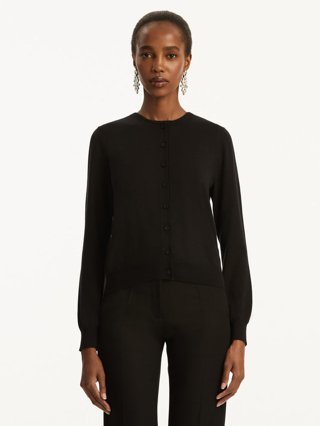 Wool-Blend Black Button-Down Cardigan Styled with Black Pants  Front View