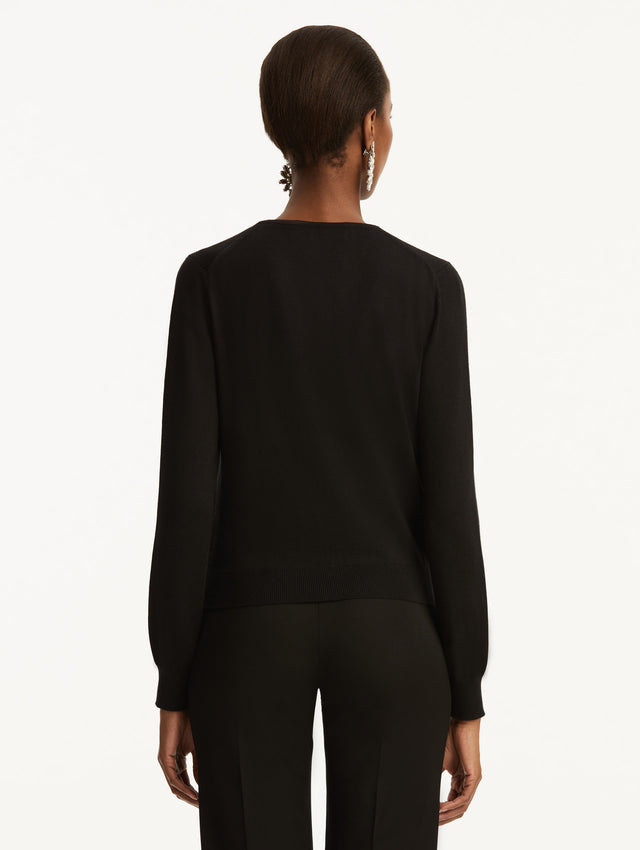 Wool-Blend Black Button-Down Cardigan Styled with Black Pants Back View