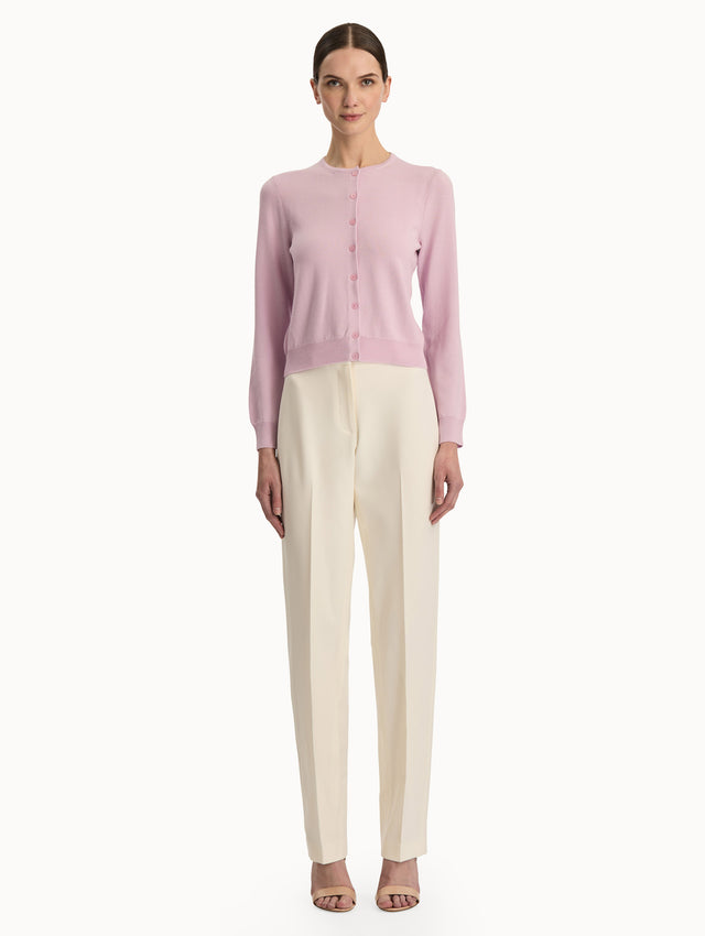 Front view of a pink wool cardigan.  Front View.