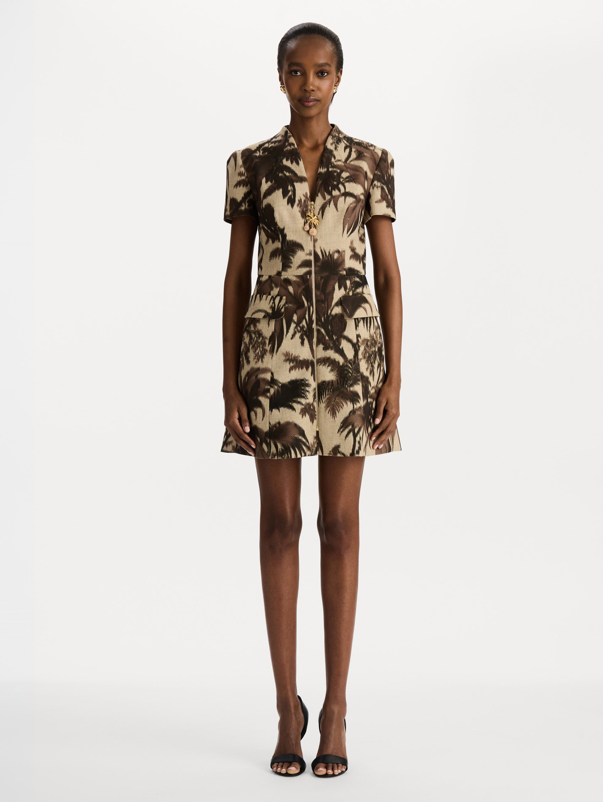 Chiné Palm Leaves Tweed Dress in Espresso and Ivory print. Front View. 