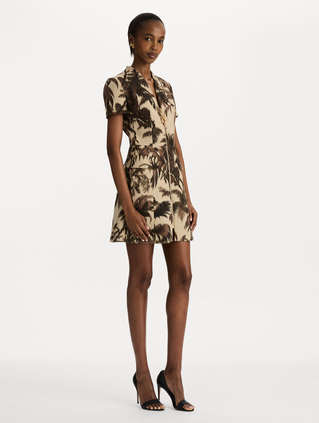 Chiné Palm Leaves Tweed Dress in Espresso and Ivory print. Side view.
