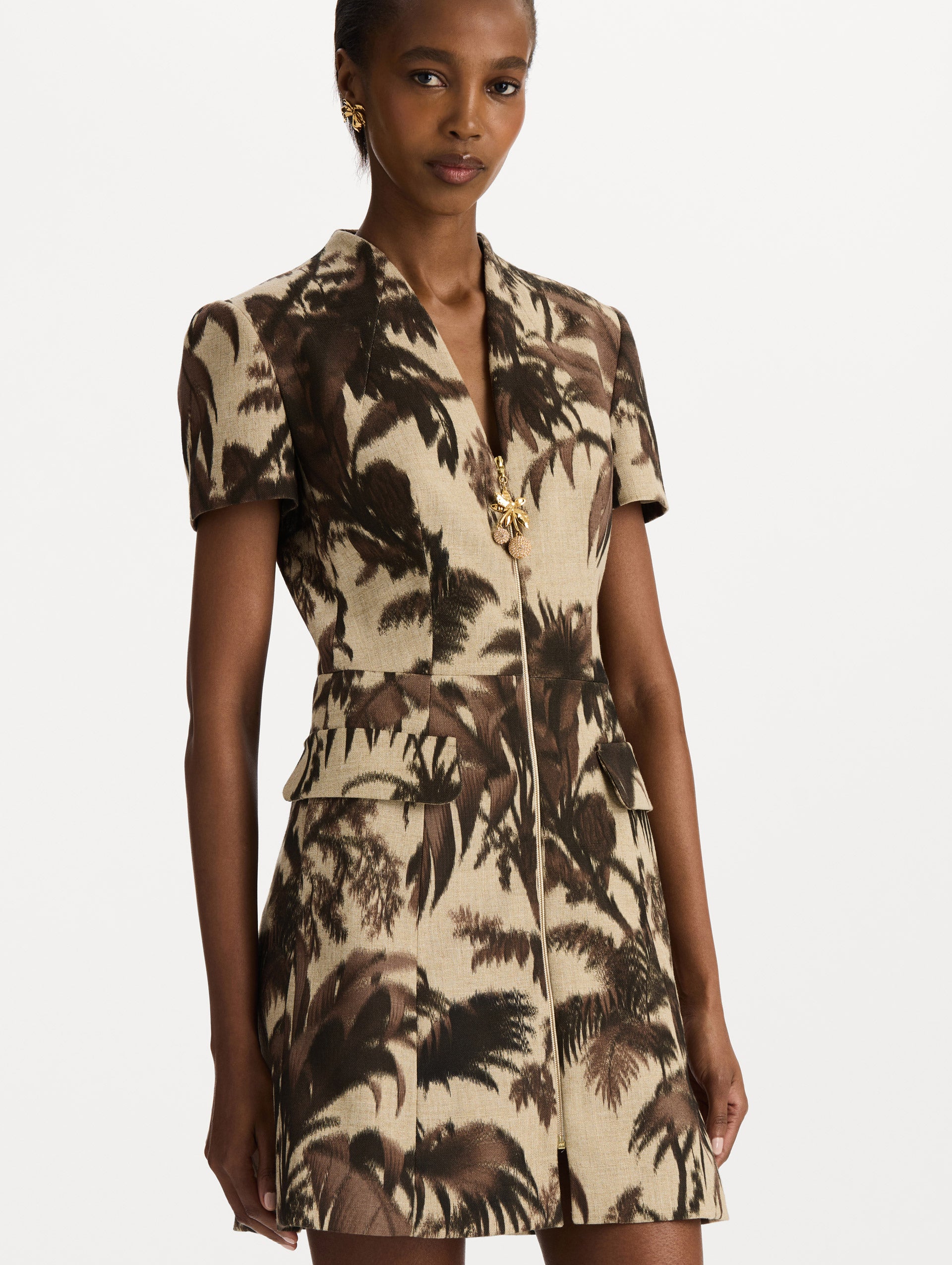 Chiné Palm Leaves Tweed Dress in Espresso and Ivory print. Zoom view.