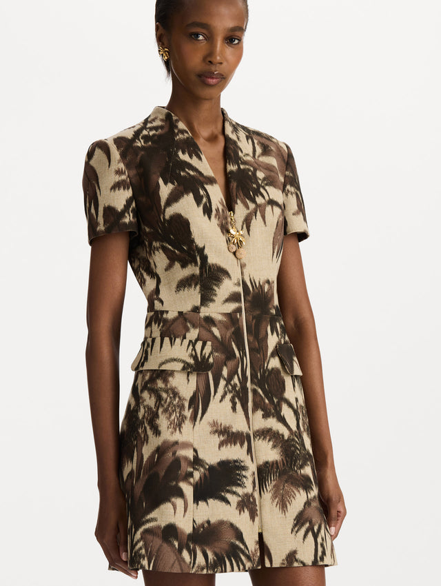 Chiné Palm Leaves Tweed Dress in Espresso and Ivory print. Zoom view.