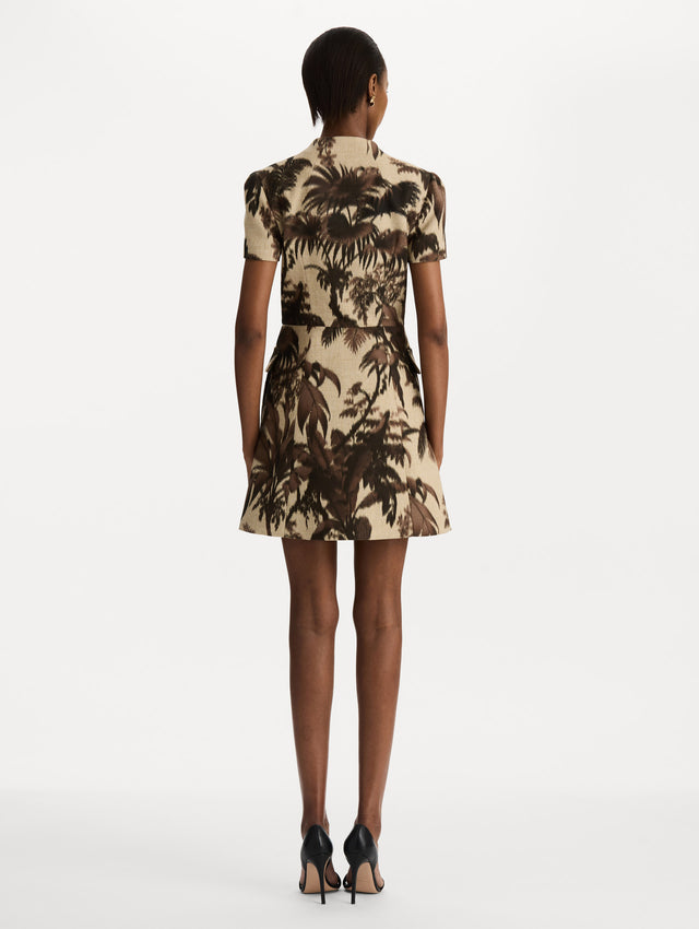 Chiné Palm Leaves Tweed Dress in Espresso and Ivory print. Back View.