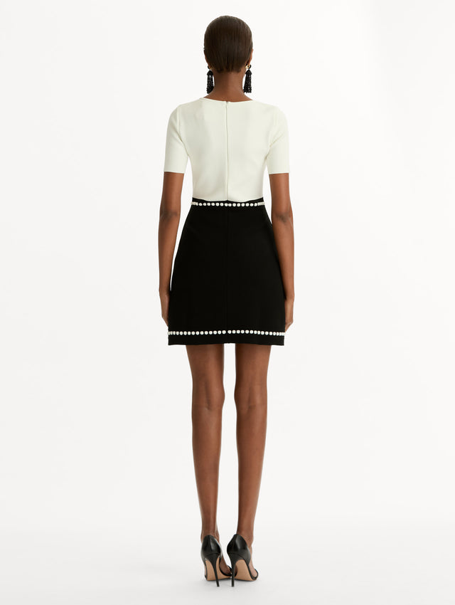 Black and White Bubble Trim Dress with a short sleeved white bodice and black skirt with white bubble trim. Back View.