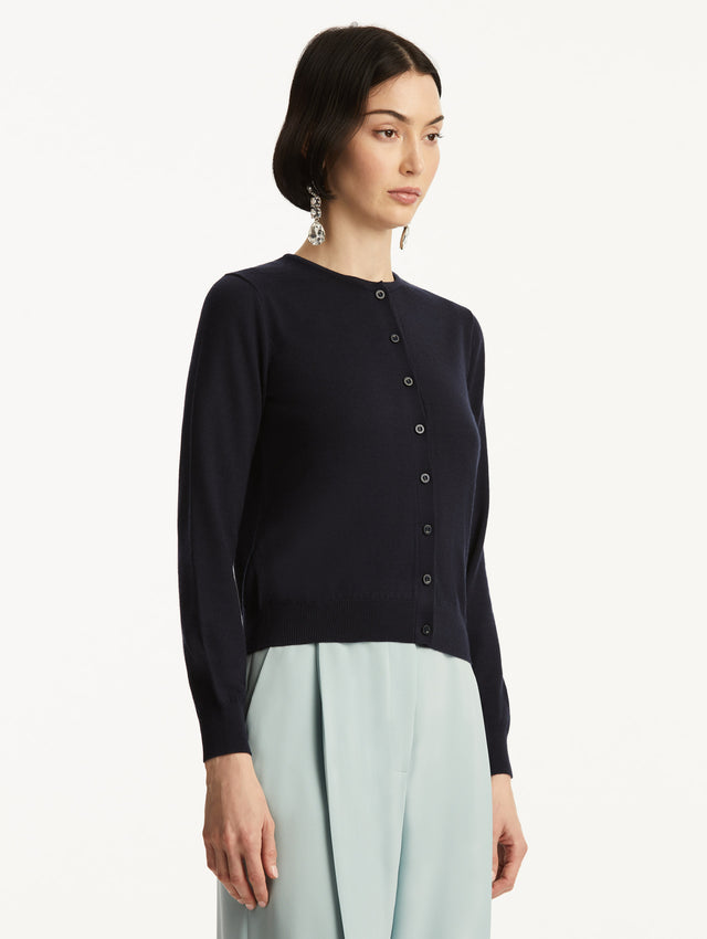 Wool-Blend Navy Cardigan Styled with Baby Blue Pants Side View