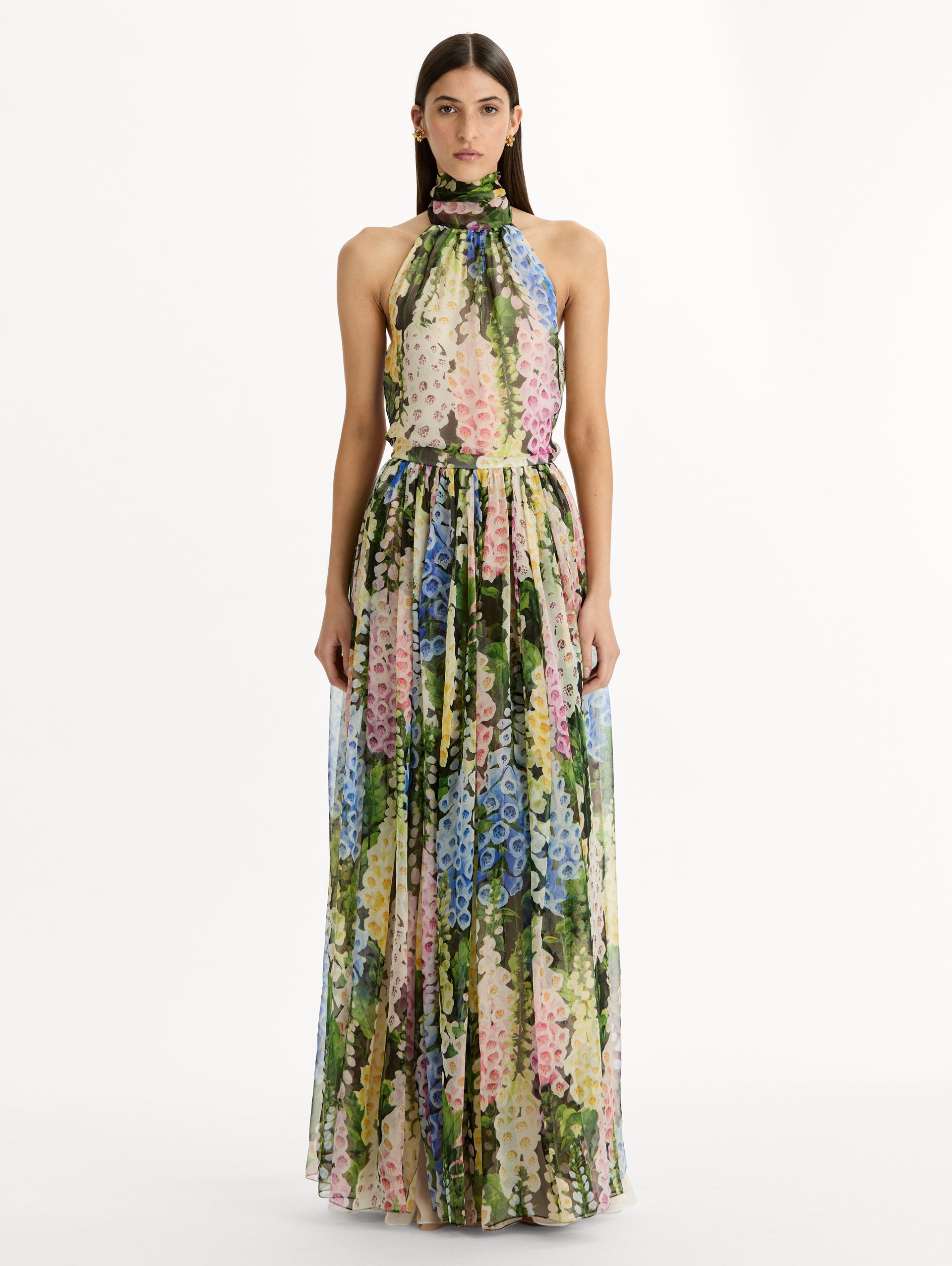 Floral Foxglove Chiffon Dress with high halter neck and pleated flowing chiffon skirt sinched at the waist. Front View.