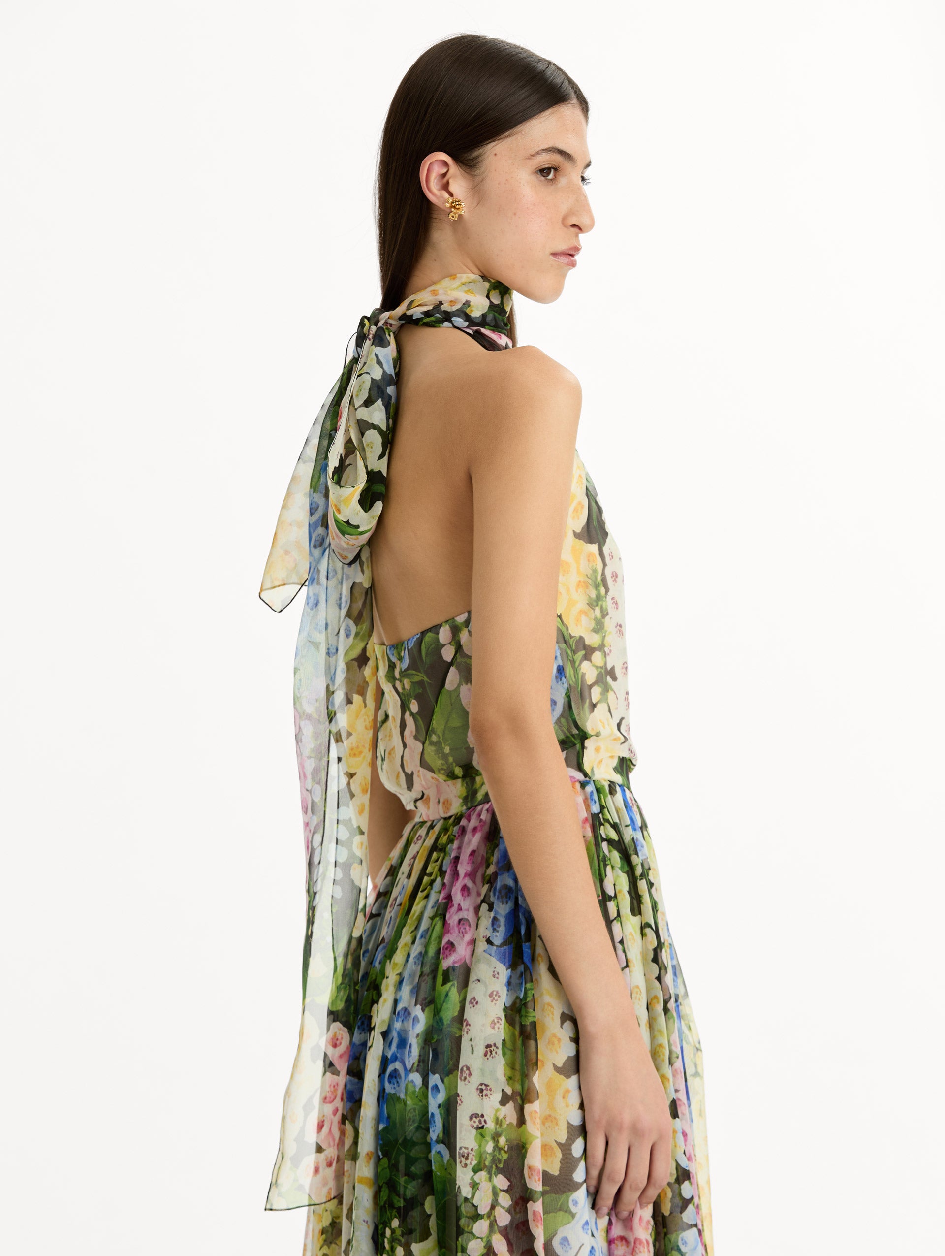 Floral Foxglove Chiffon Dress with high halter neck and pleated flowing chiffon skirt sinched at the waist. Zoom View.