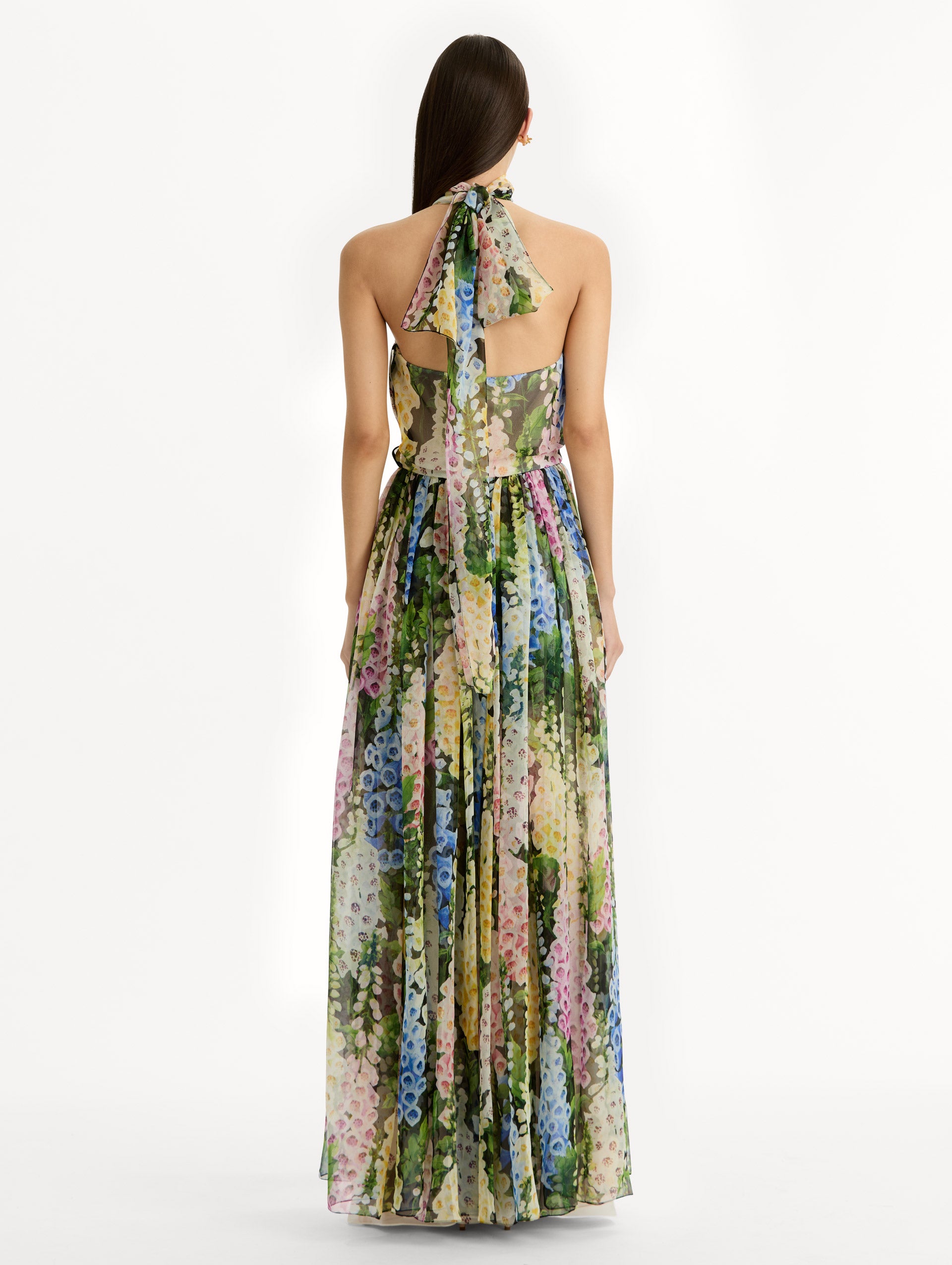 Floral Foxglove Chiffon Dress with high halter neck and pleated flowing chiffon skirt sinched at the waist. Back View.