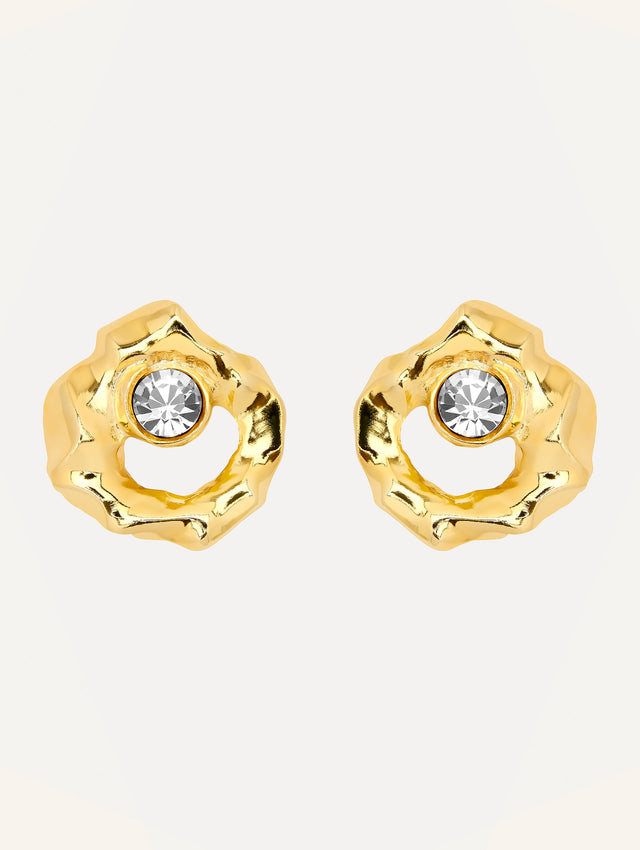 Gold Textured Metal Earrings with Crystal Front View