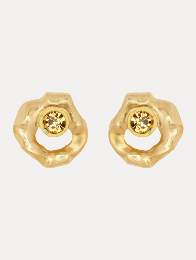 Gold Textured Metal Earrings with Yellow Crystals Front View