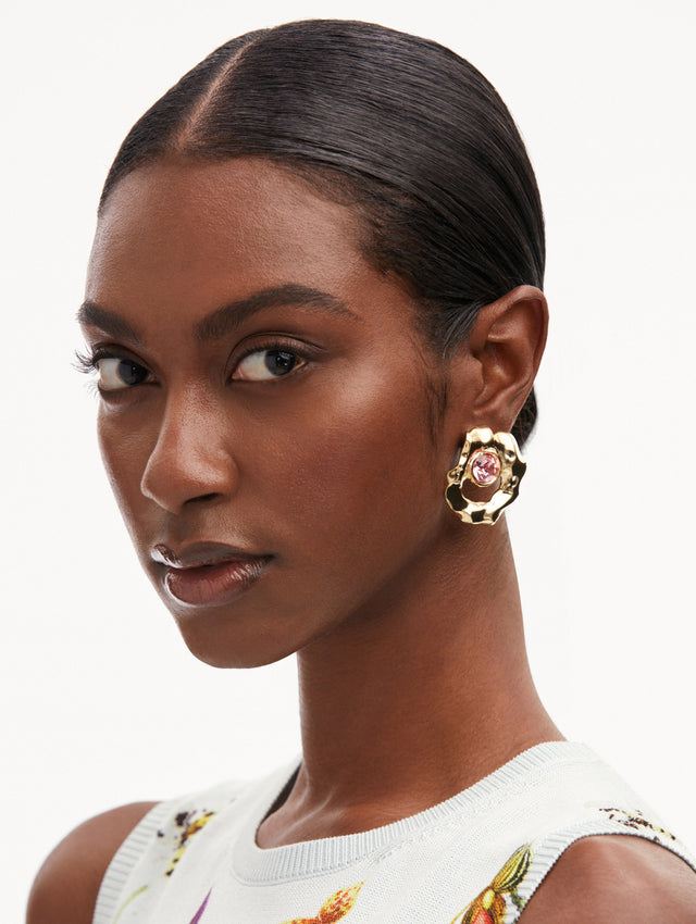 Gold Textured Metal Earrings with pink Crystal Front View