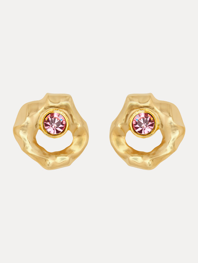 Gold Textured Metal Earrings with Pink Crystals Front View
