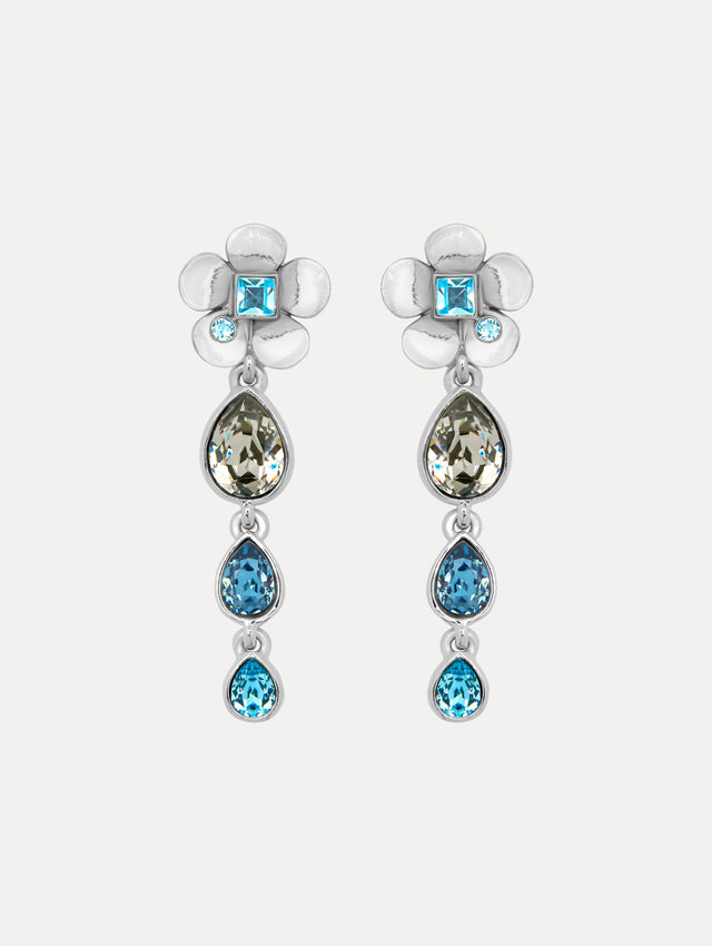 Silver Flower Teardrop Clip-On Earrings with Blue Crystals Front View