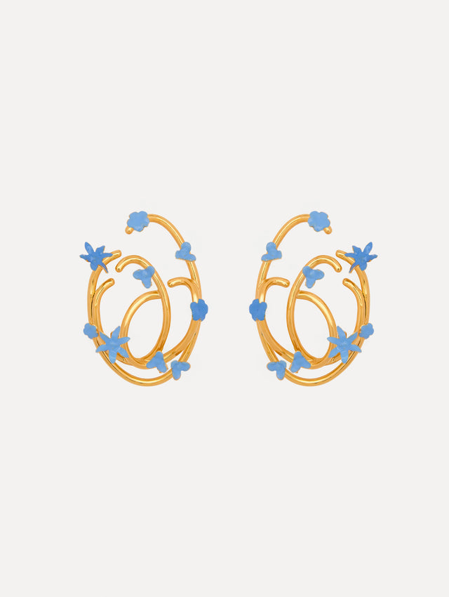 Gold Tangled O Blue Floral Earrings Front View