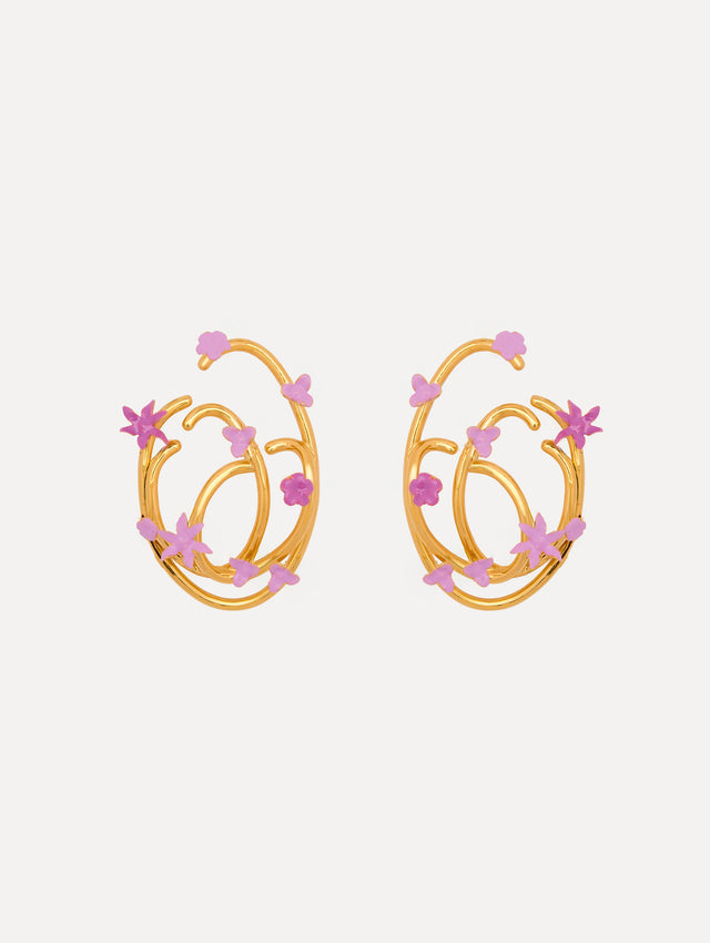 Gold Tangled O Pink Floral Earrings Front View
