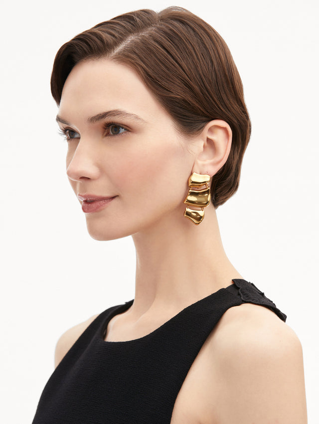 Gold Sculpted Metal Drop Clip-On Earrings Front View