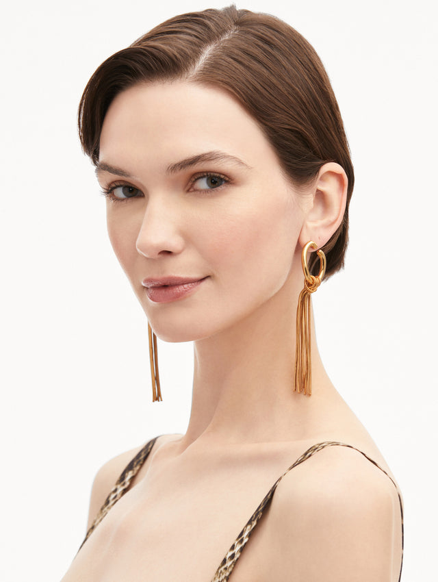 Gold O Knot Earrings with Fringe Front View