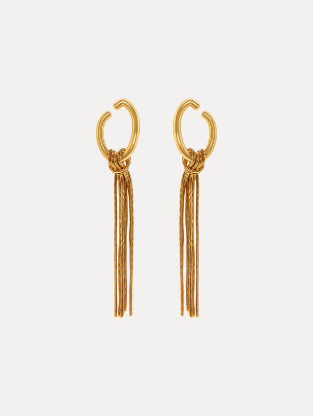 Gold O Knot Earrings with Fringe Front View
