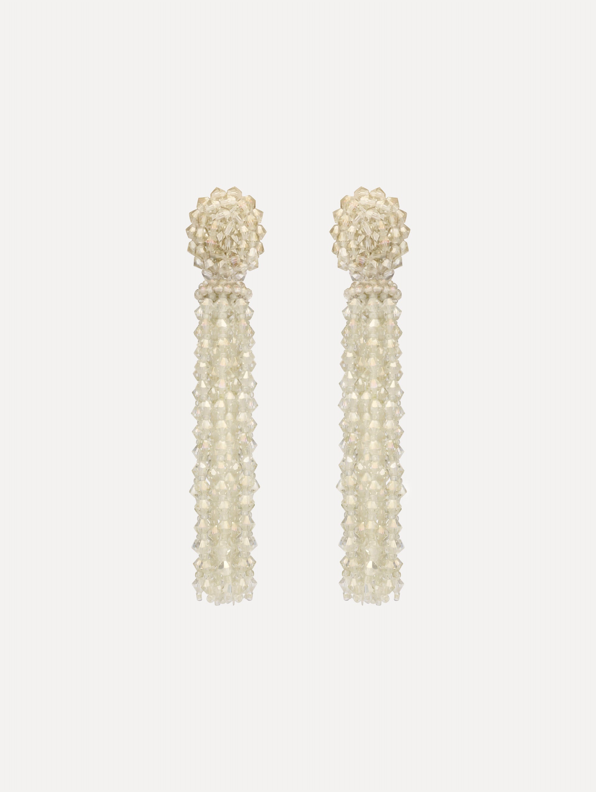 Ivory Tassel Clip-On Earrings with clustered stud top and long strand drops.