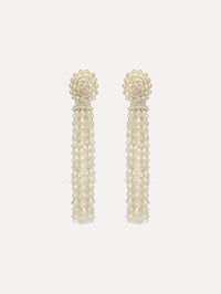 Ivory Tassel Clip-On Earrings with clustered stud top and long strand drops.